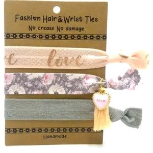 Set of 3 Hair & Wrist Ties Love Heart Charm Floral Tassel Valentines Pink Gray
